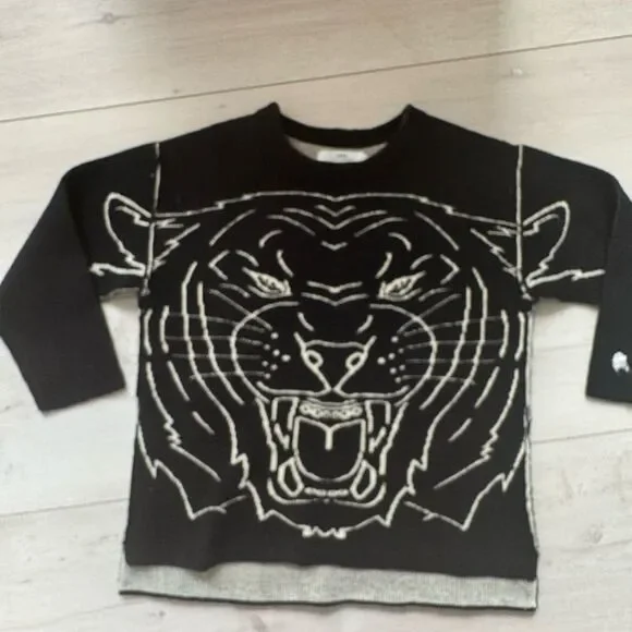 Exposed seam Zara boys black knitwear sweater with tiger design sz 5 - Picture 4 of 8